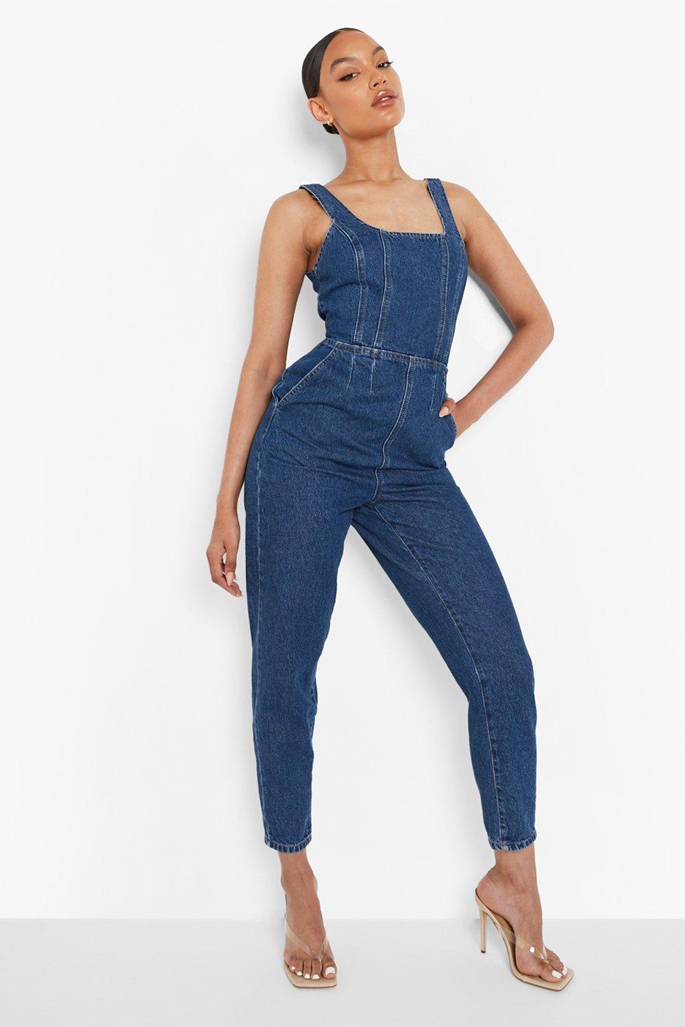 Square neck store denim jumpsuit